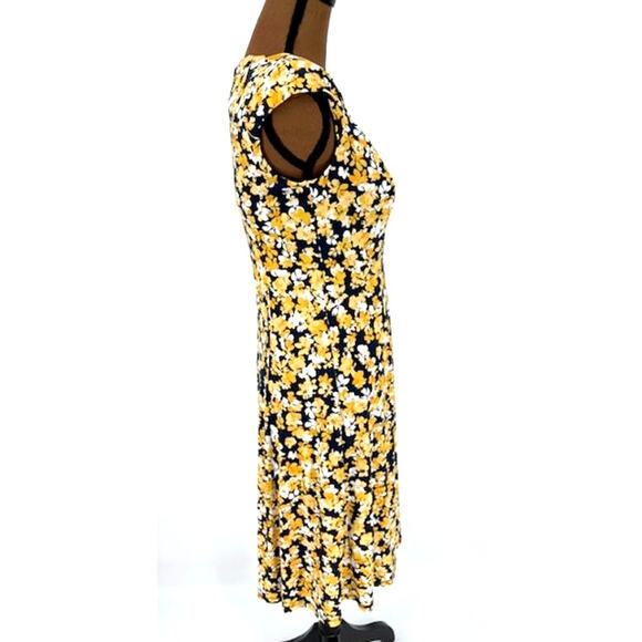 London Times Blue & Yellow Floral Midi Dress with Shoulder Pads – Size 4 - Picture 3 of 8